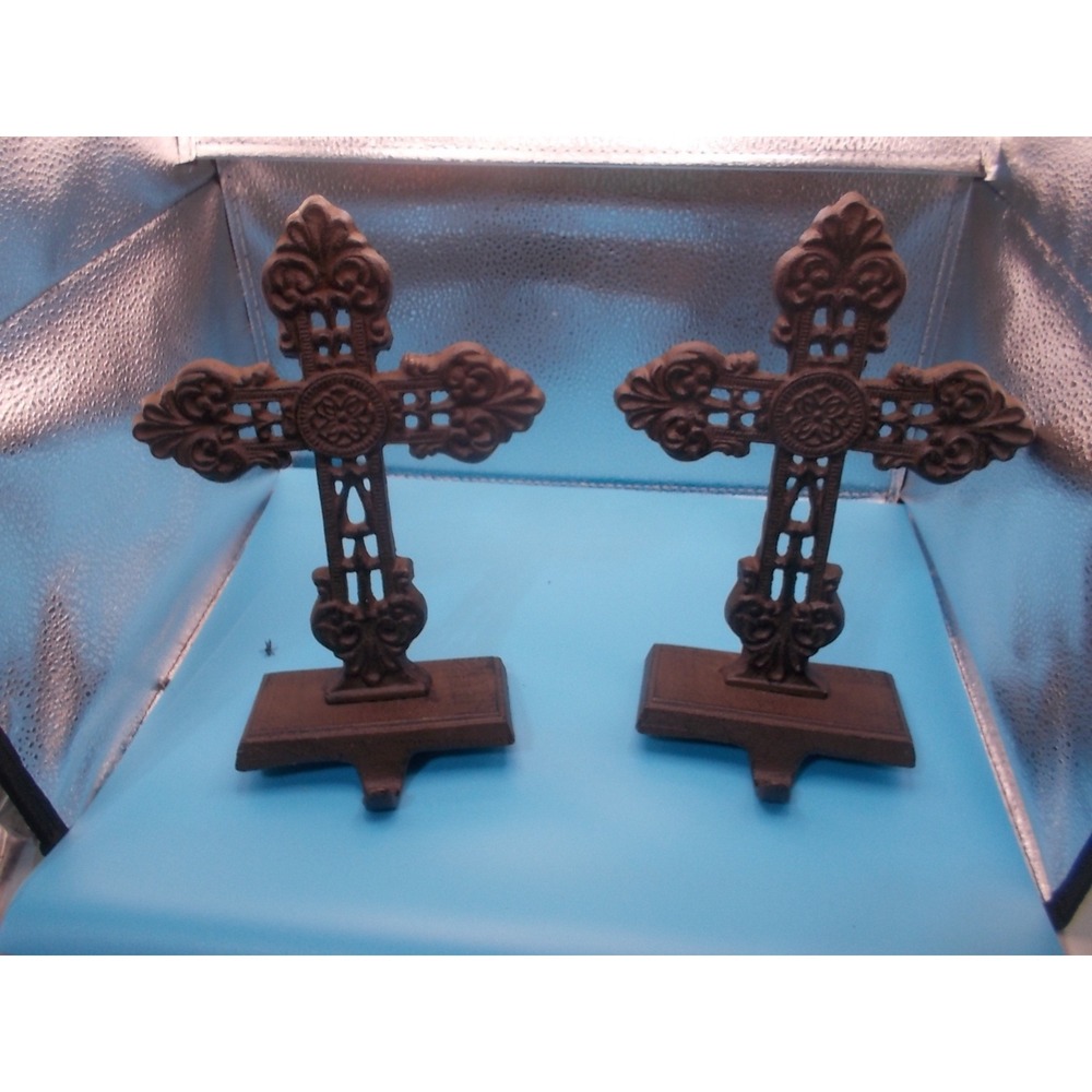Cast Iron Cross Christmas Stocking Holders Set of 2 Brown Filigree Mantel Hanger
